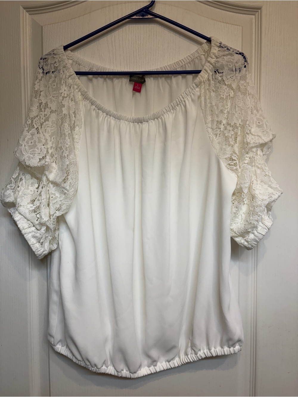 Vince Camuto White Lace Sleeve Peasant Blouse